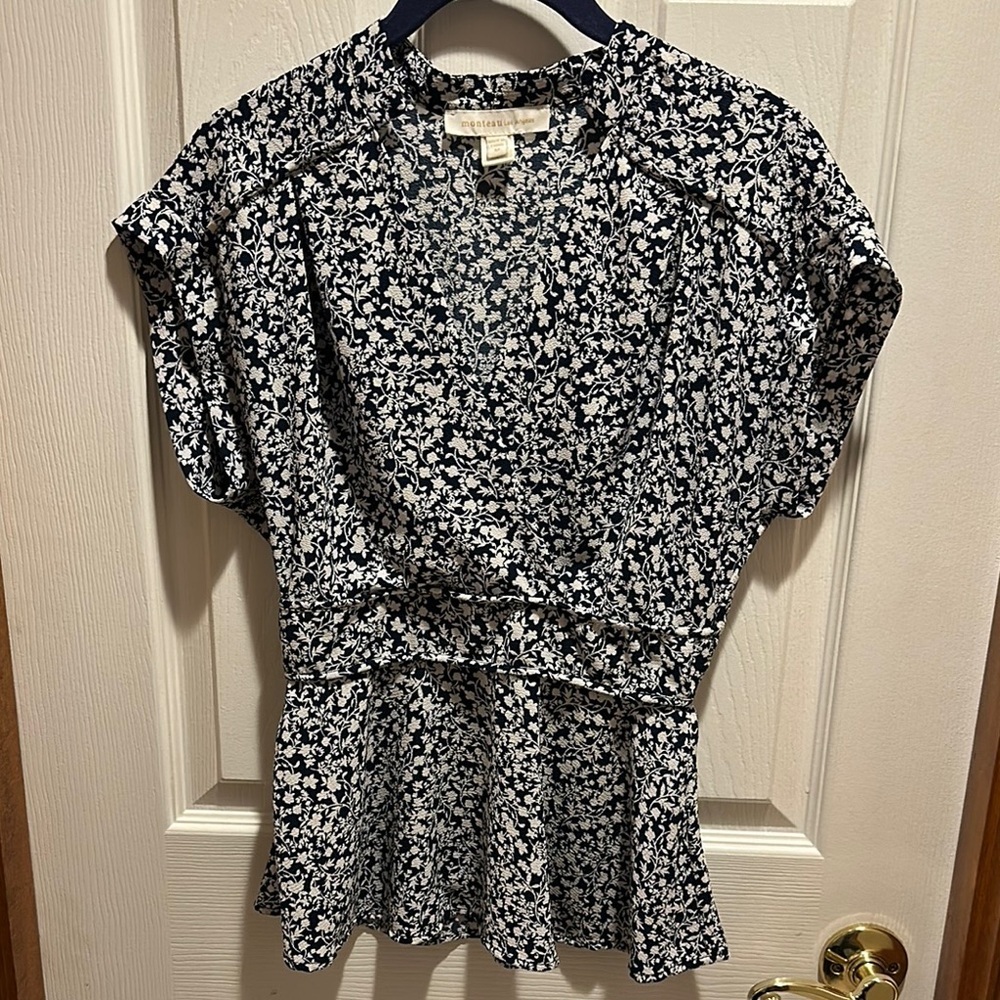 Monteau Navy and White Peplum Blouse